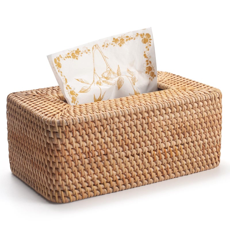 DECRAFTS Rattan Tissue Box Cover Natural Woven Facial Napkin Holder Rectangular 10 x 6.1 x 4.1 Inch (Natural) - Image 1